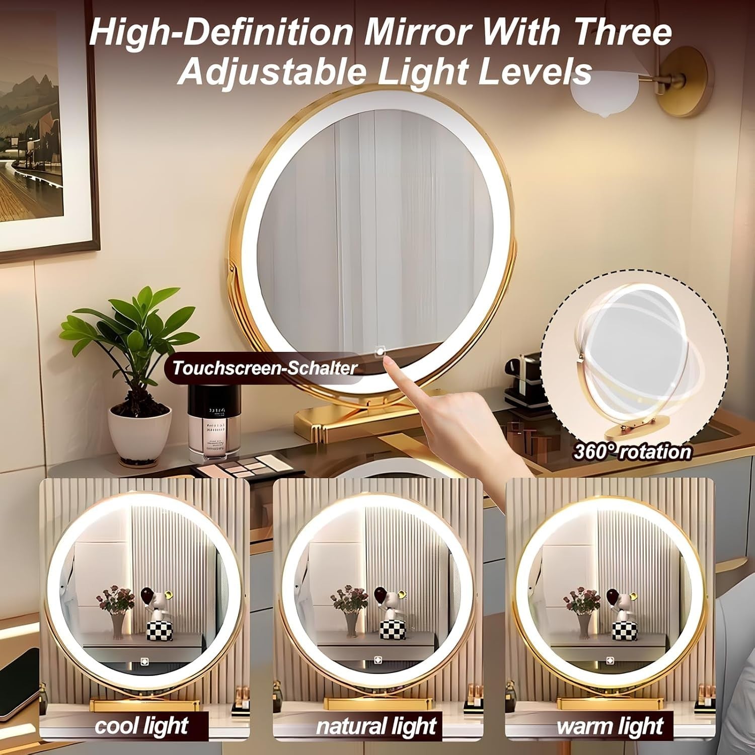 Modern Vanity Dressing Table Set w/ Mirror, Tri-Color LED Lights, Wireless Charg