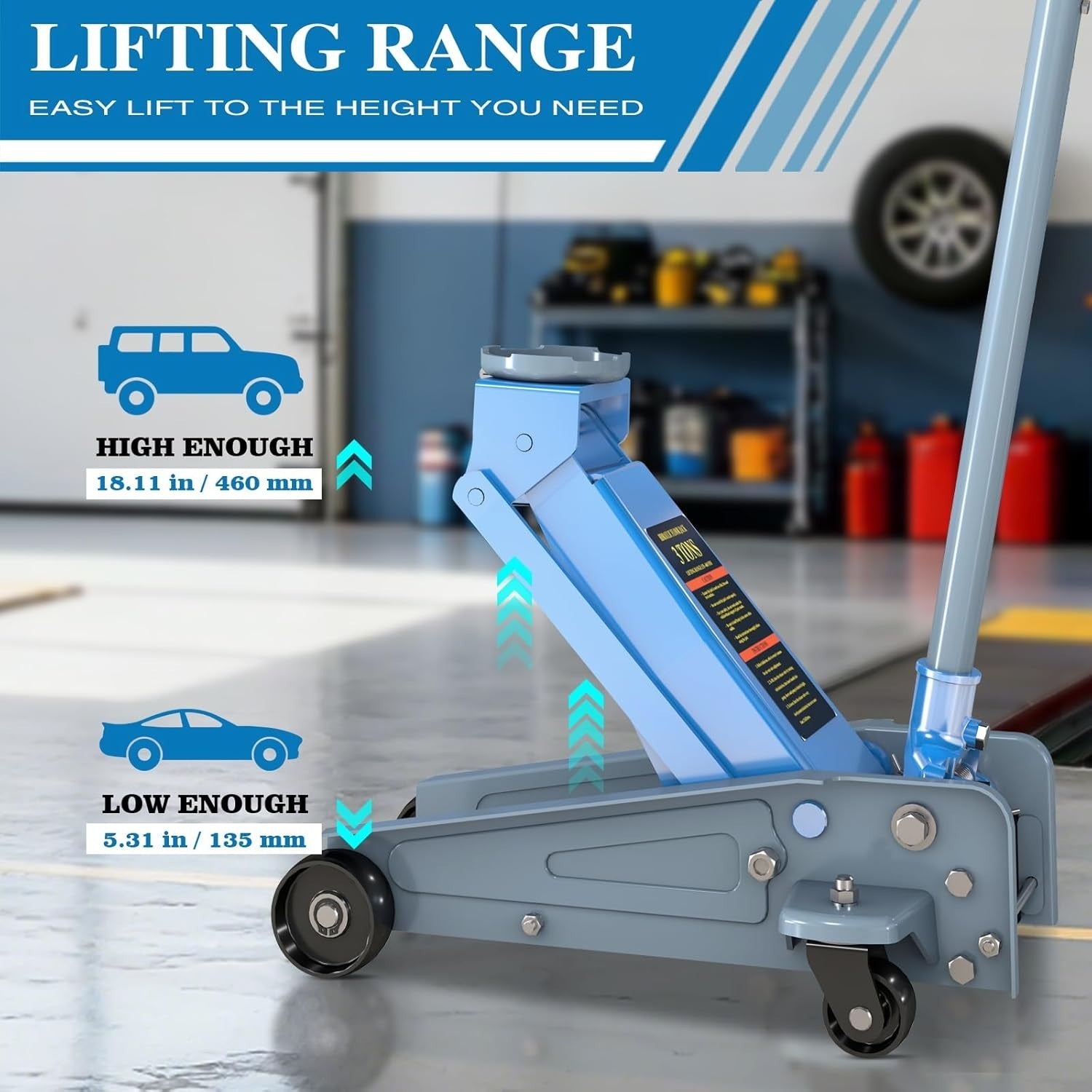 3 Ton Hydraulic Floor Jack 13.5–46cm Heavy Duty Fast Lift Carbon Steel Blue