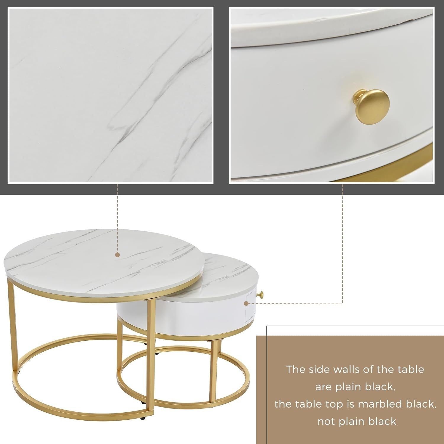 Nest Coffee Table Set 2Pc Round Faux Marble Gold Metal Frame Adjustable Storage