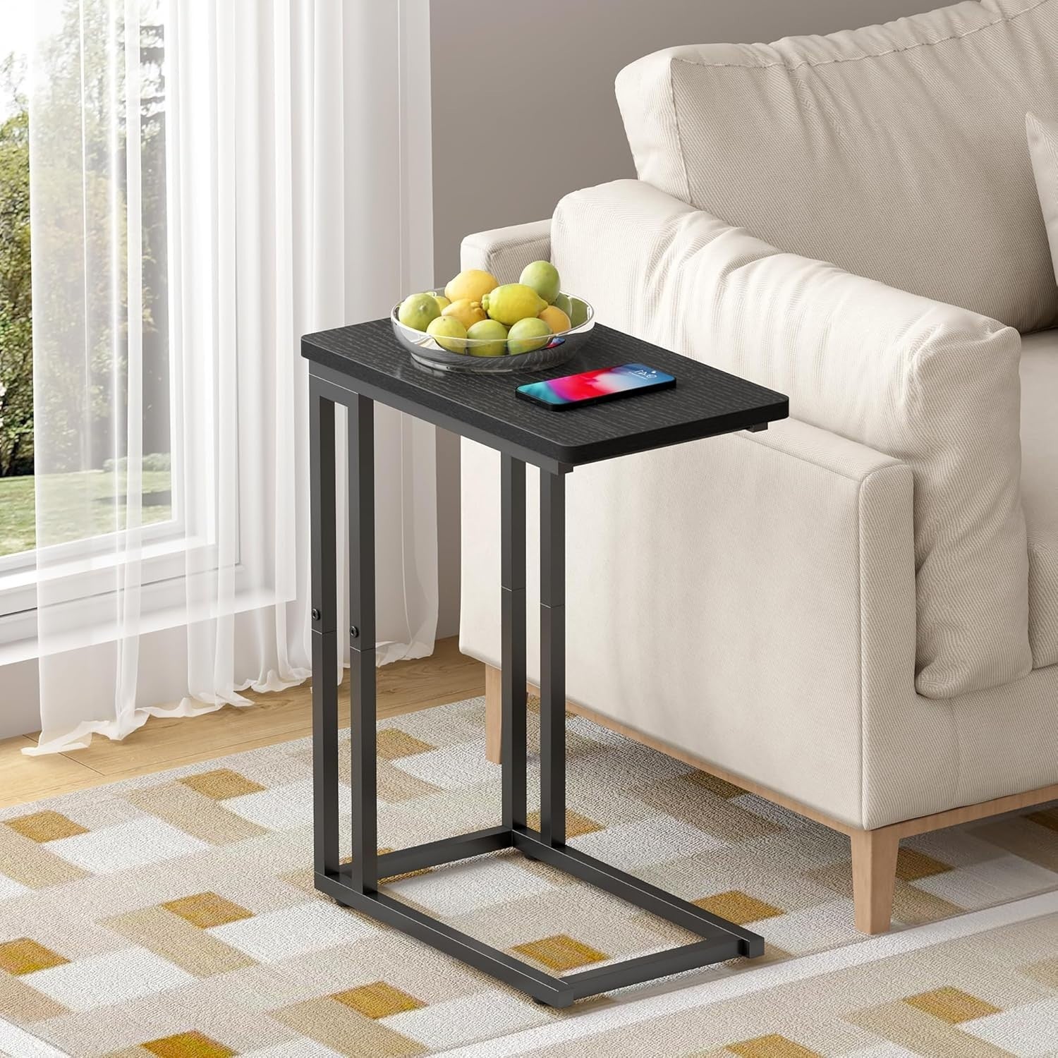 C-Shaped Narrow Side Table with Storage, Slide-Under Sofa, Compact Desk