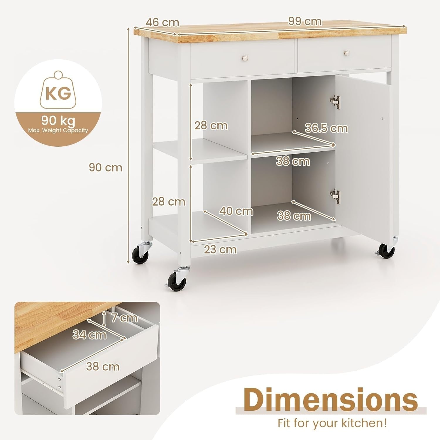 Kitchen Island on Wheels Storage Trolley Cabinet Drawers White