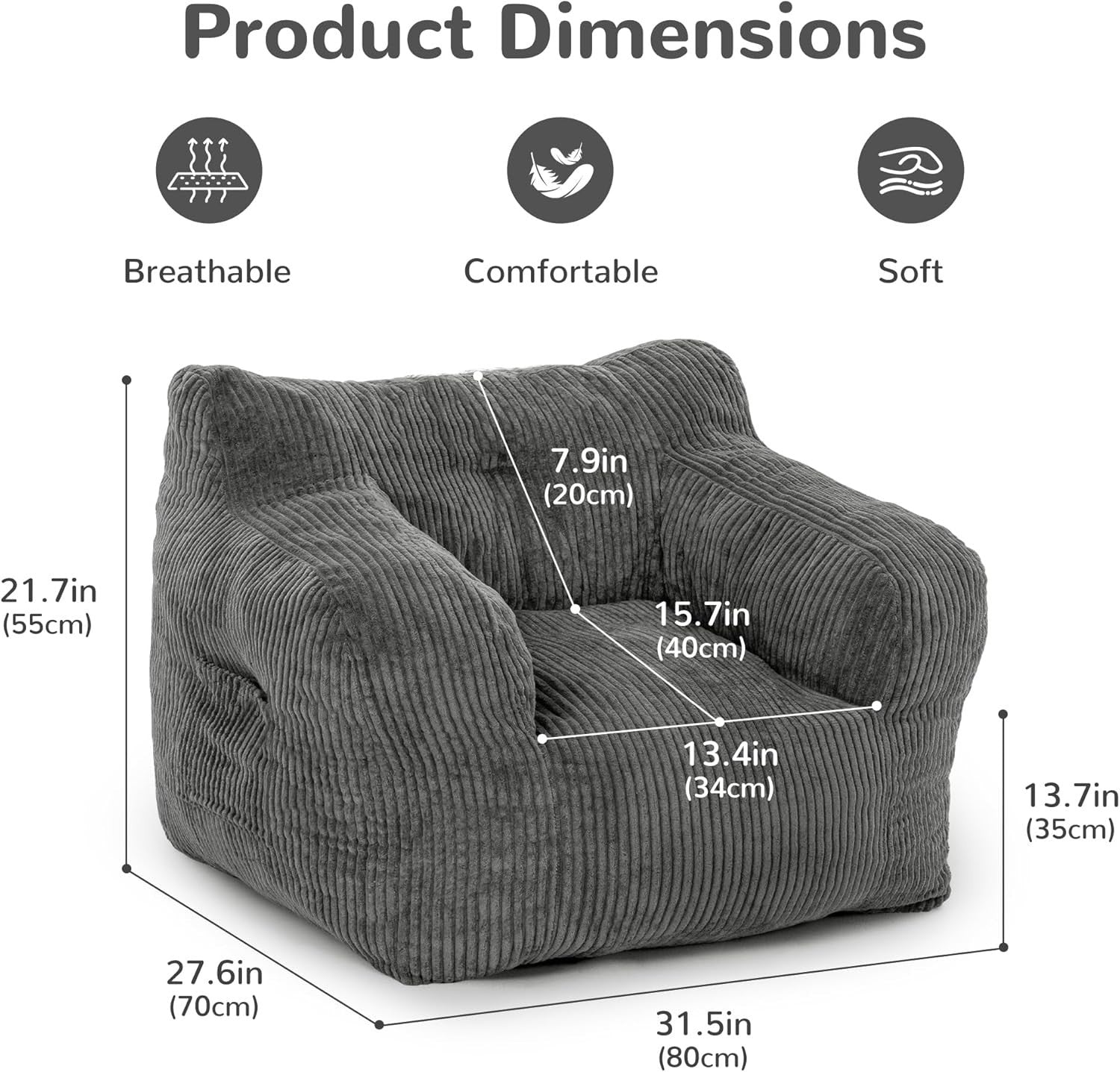 Grey Corduroy Bean Bag Chair – Comfy Seat w/ Handle for Adults 70x80cm