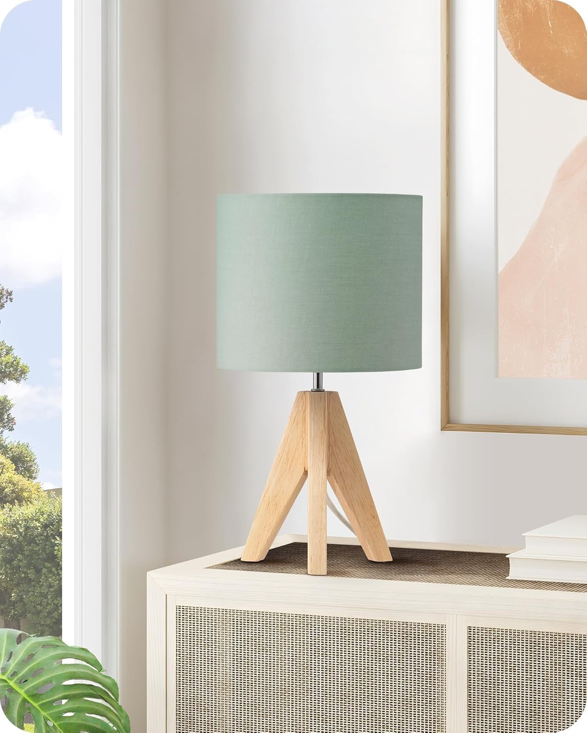 Tripod Bedside Table Lamp Green Linen Shade Wooden Base Modern Desk Light 36cm