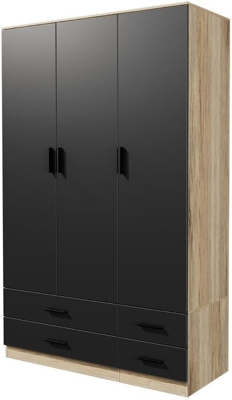 Oak & Black Wardrobe 3 Door 4 Drawer Modern Storage Cabinet Bedroom