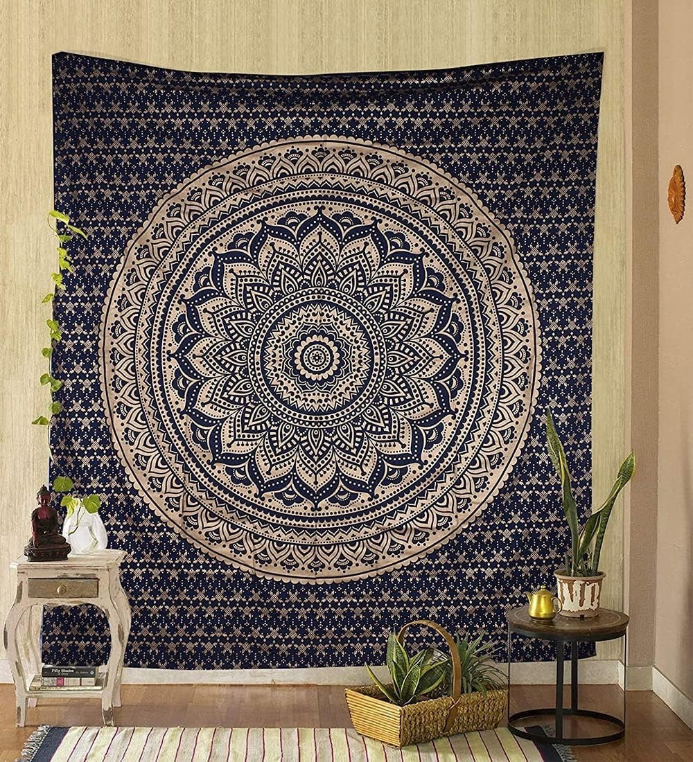 Boho Blue Gold Mandala Tapestry 52x82" Cotton Wall Decor