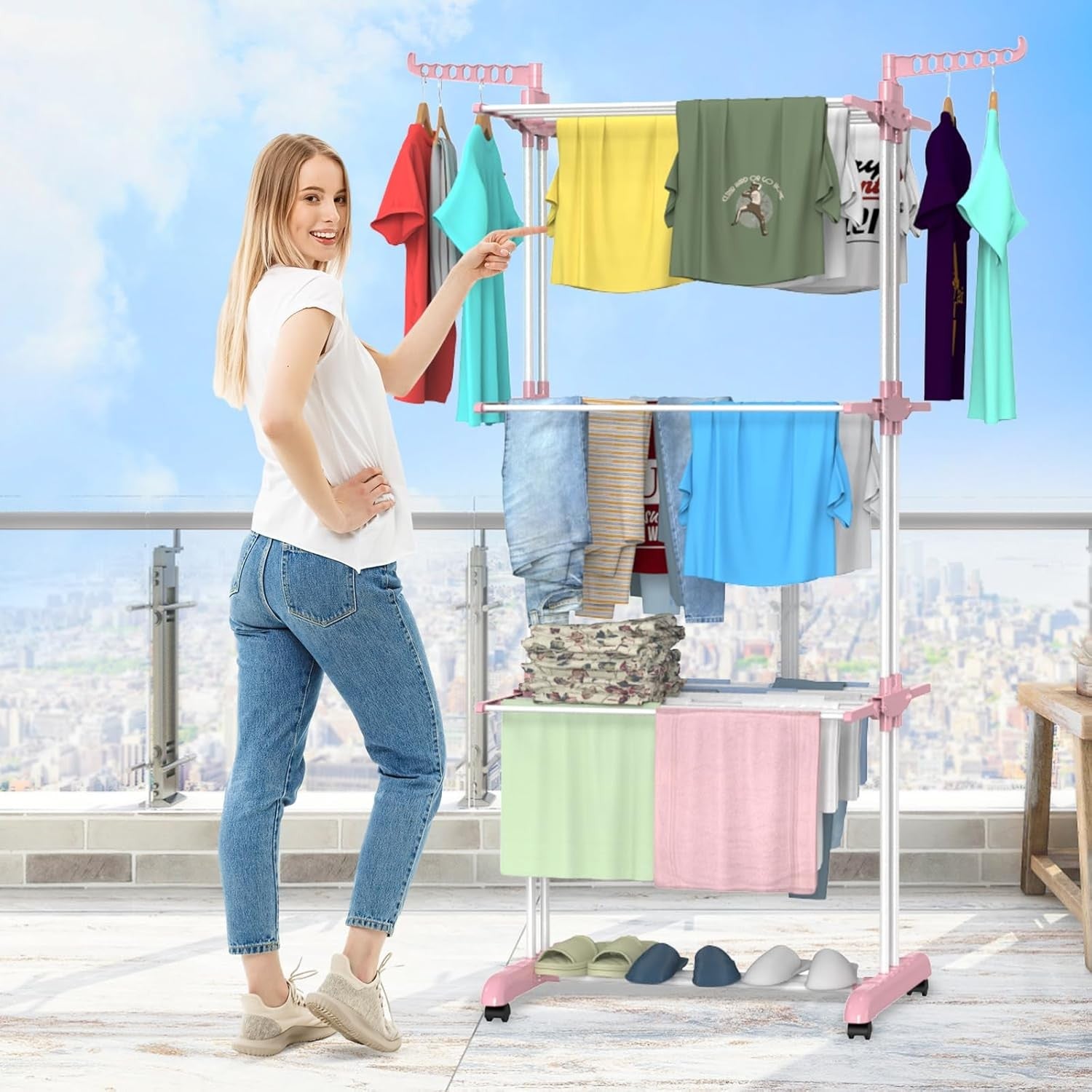 4 Tier Clothes Airer Folding Laundry Drying With Wheels Stainless Steel
