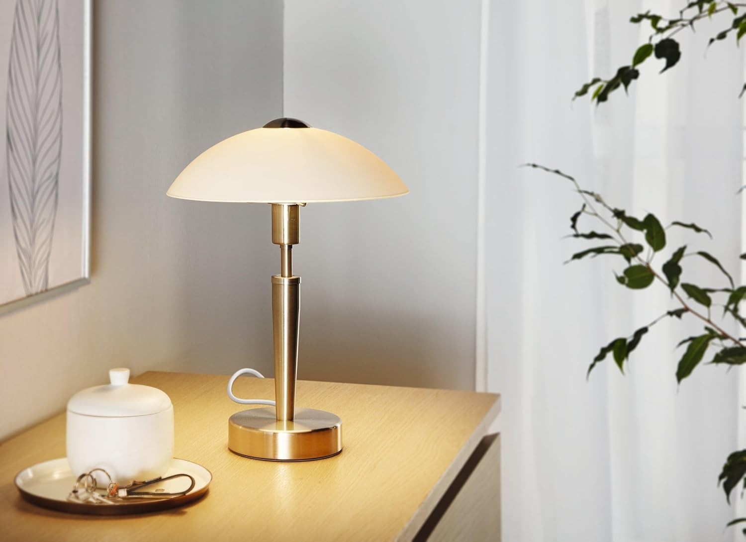 Touch Dimmer Table Lamp Matt Nickel Metal White Glass Bedside Light