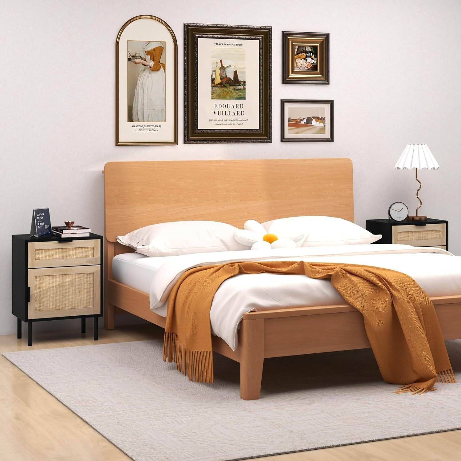 Set of 2 Black Rattan Bedside Tables with Drawer & Cabinet Modern Nightstands