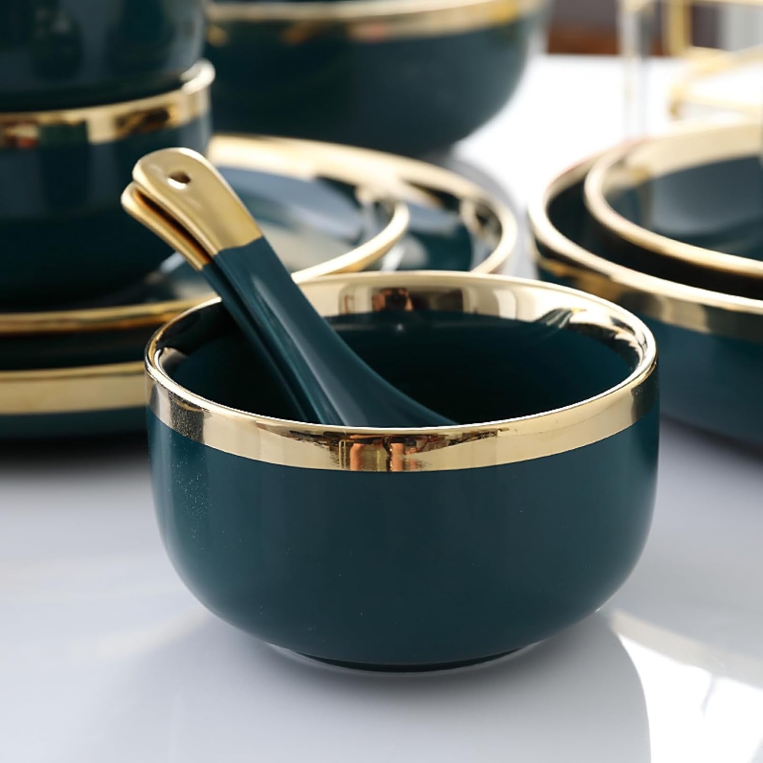 24 Piece Bone China Dinner Set Gold Rim Green Plates Bowls Microwave Safe