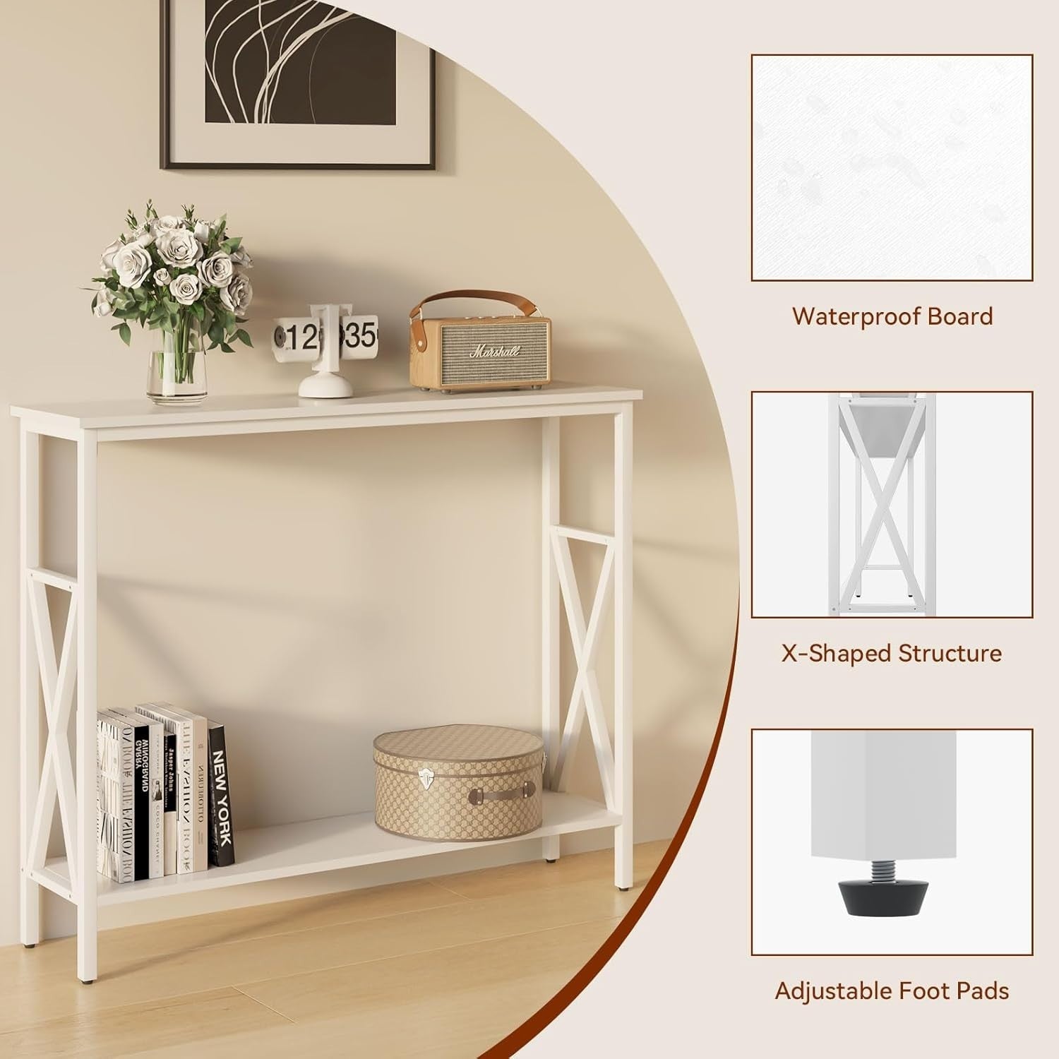 Compact Industrial Console Table with Adjustable Feet & Metal Frame, White