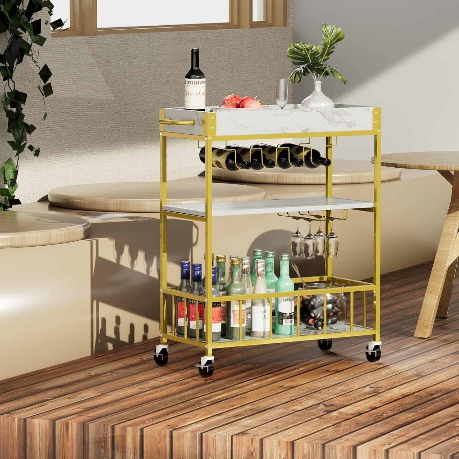 3 Tier Gold Bar Cart with Wine Rack & Glass Holder Rolling Drinks Trolley