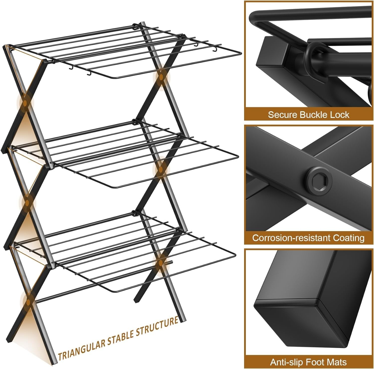 3 Tier Folding Clothes Airer Tall Laundry Drying Rack Space Saving 120cm