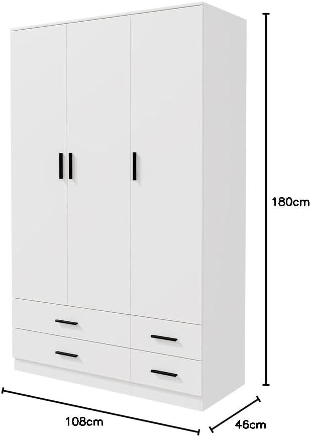 White 3 Door Wardrobe with 4 Drawers Modern Bedroom Storage Cupboard
