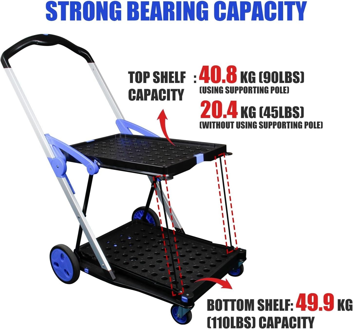 Heavy Duty Two-Tier Folding Shopping Cart with Crate & Wheels