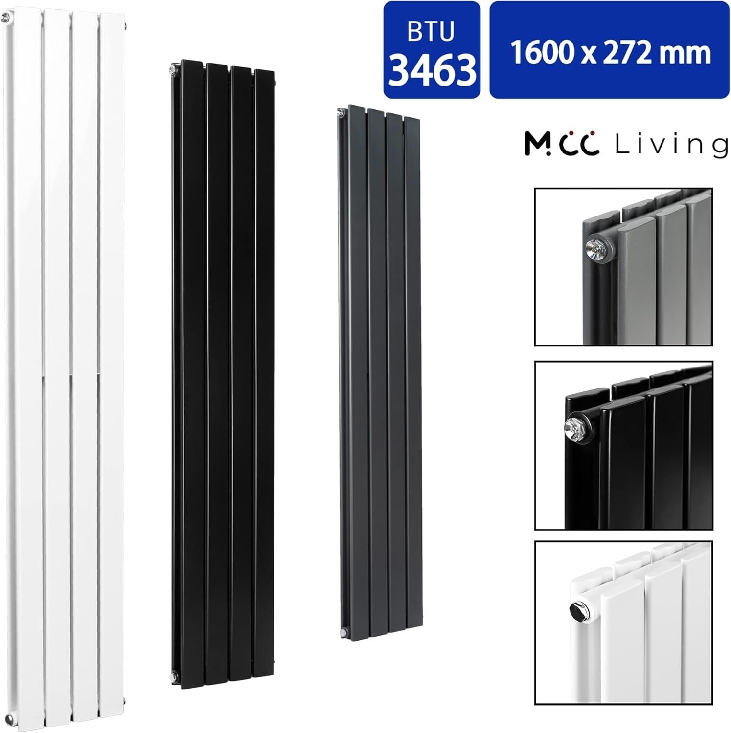 Designer Flat Panel Radiator 1600x272mm Double Black Vertical/Horizontal