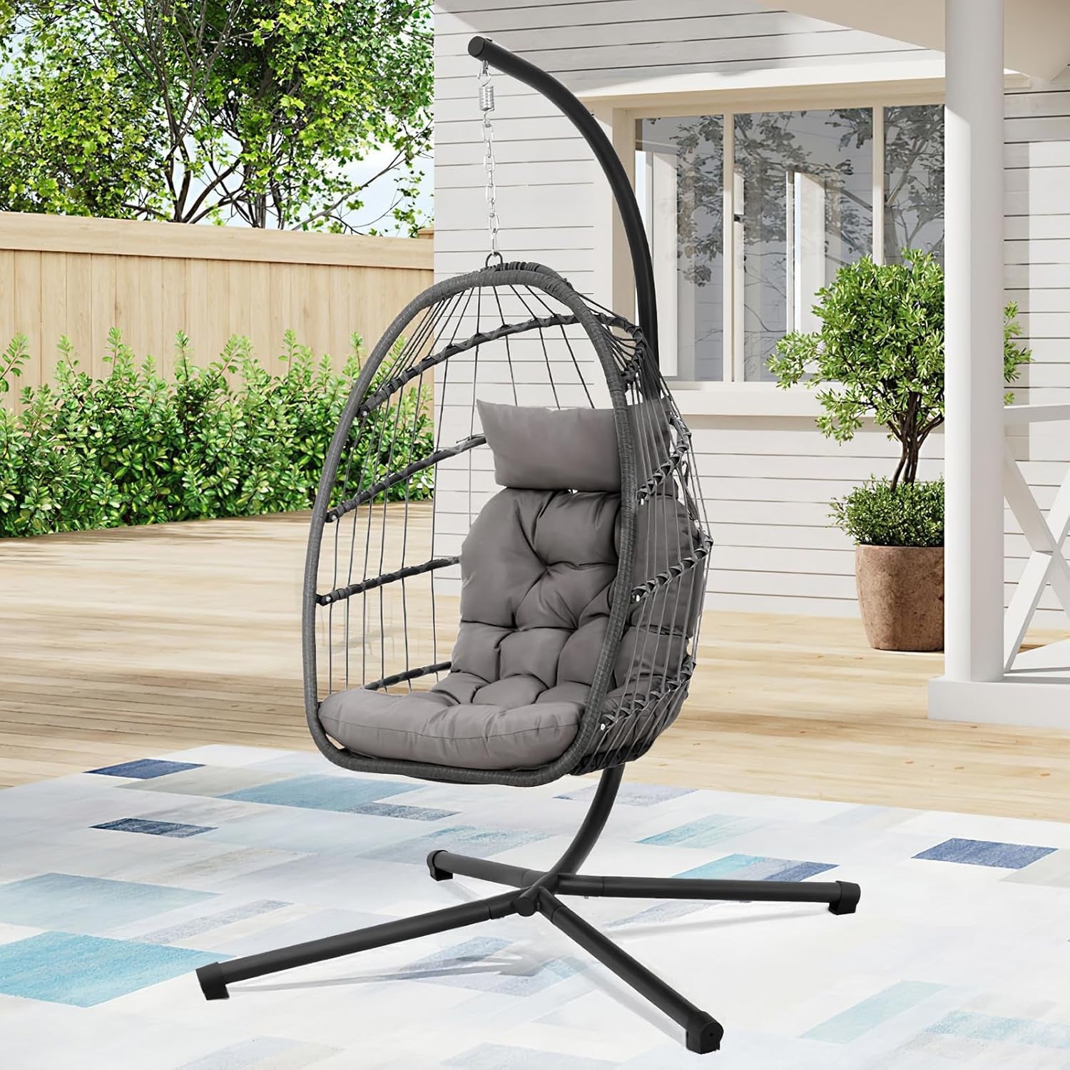 Indoor Outdoor Hanging Egg Chair with Stand Plush Cushion Patio Swing Seat