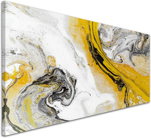 Panoramic Abstract Canvas Wall Art Yellow Grey Swirl Modern Living Room 118x49cm