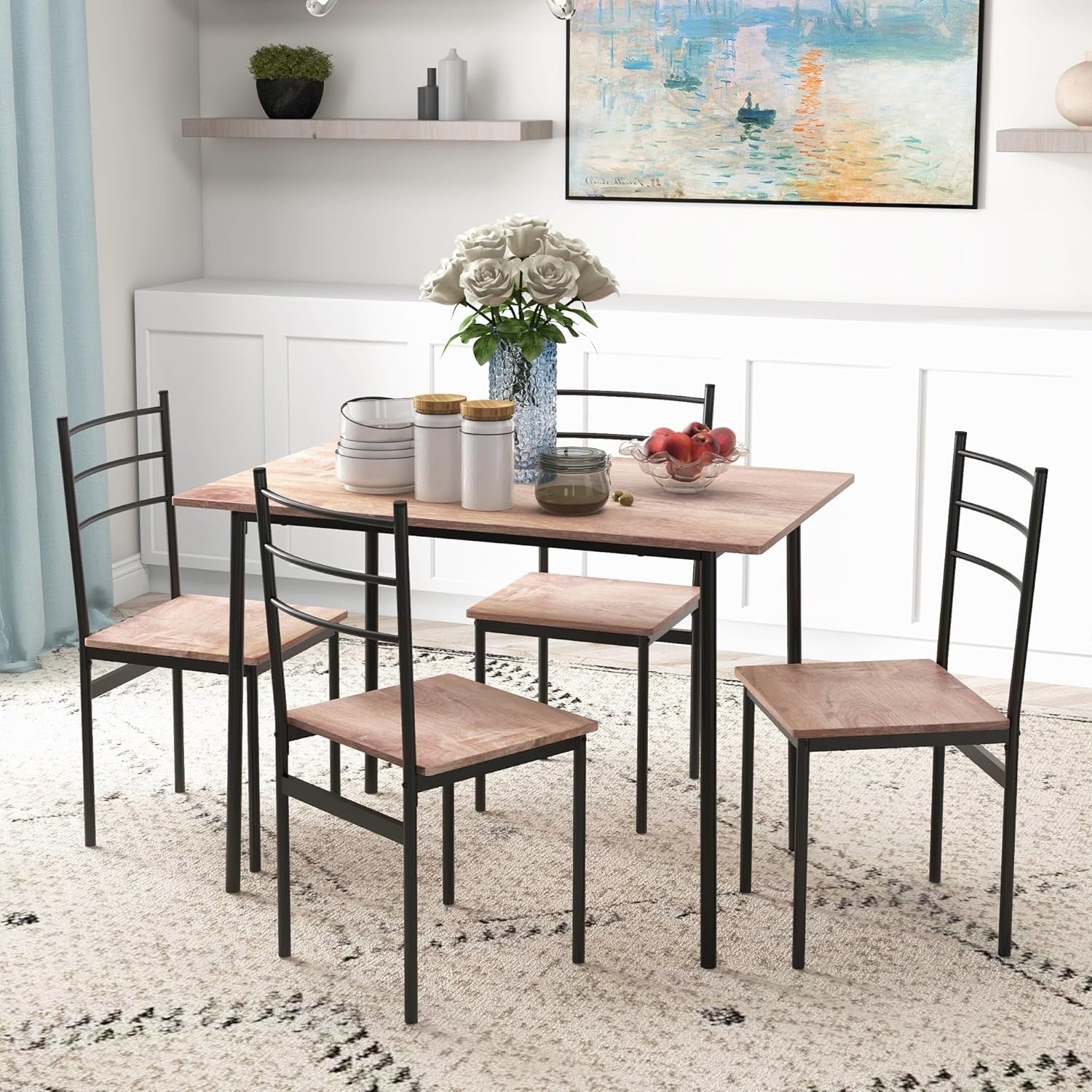 Space-Saving 5-Piece Dining Set | Modern Rectangular Table & 4 Chairs, Compact