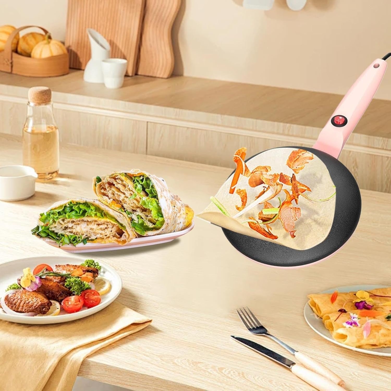 8" Electric Crepe Maker Nonstick Pan Long Handle Fast Heating Portable Pink
