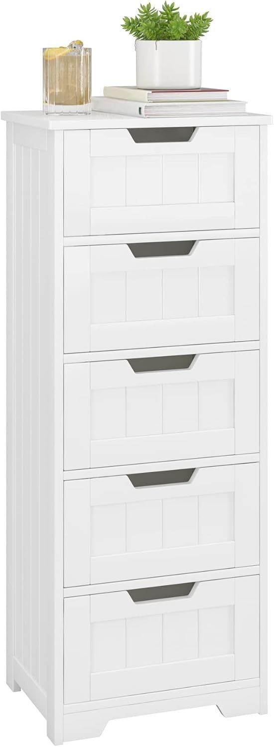 5-Drawer White Bathroom Storage Cabinet with Slim Design & Easy Access
