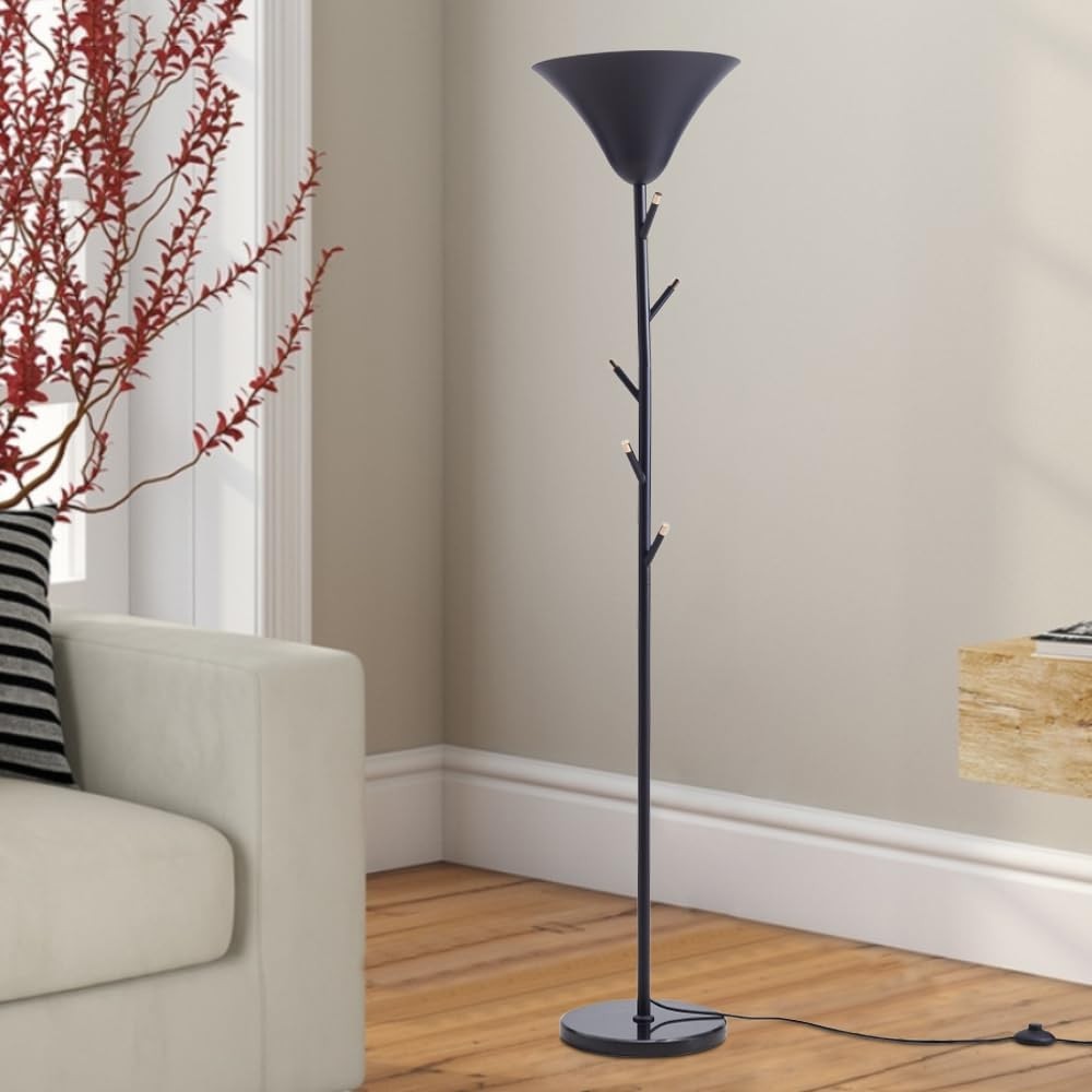Black Floor Lamp with Coat Rack Hooks Standing Reading Light E14