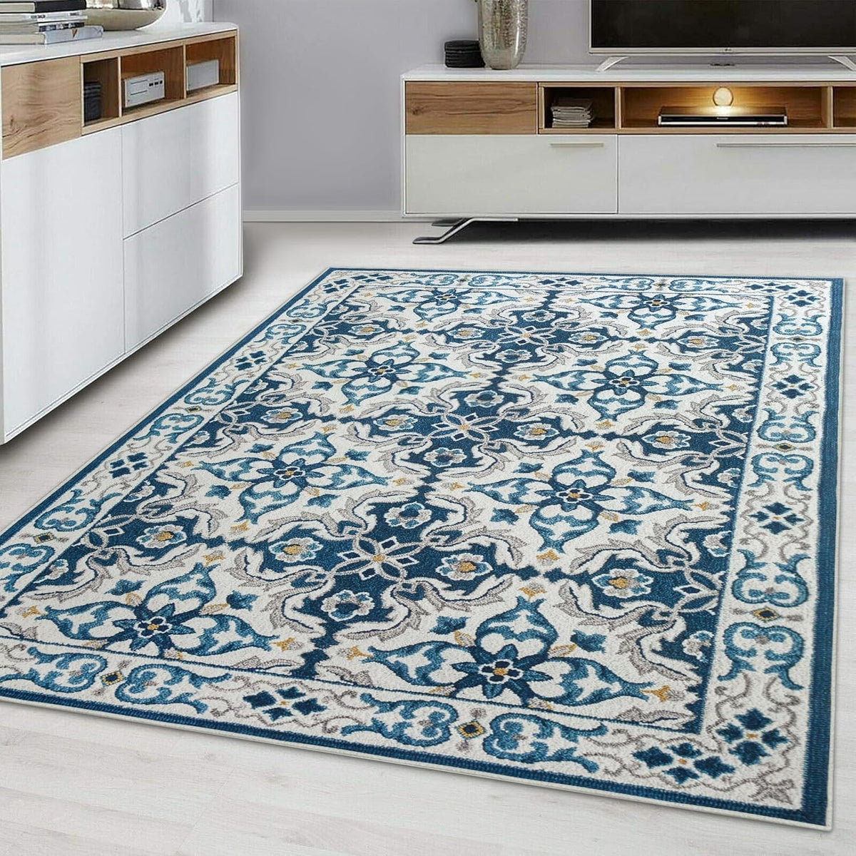 Blue Vintage Floral Rug Soft Traditional Indoor Carpet 120x170cm Easy Clean