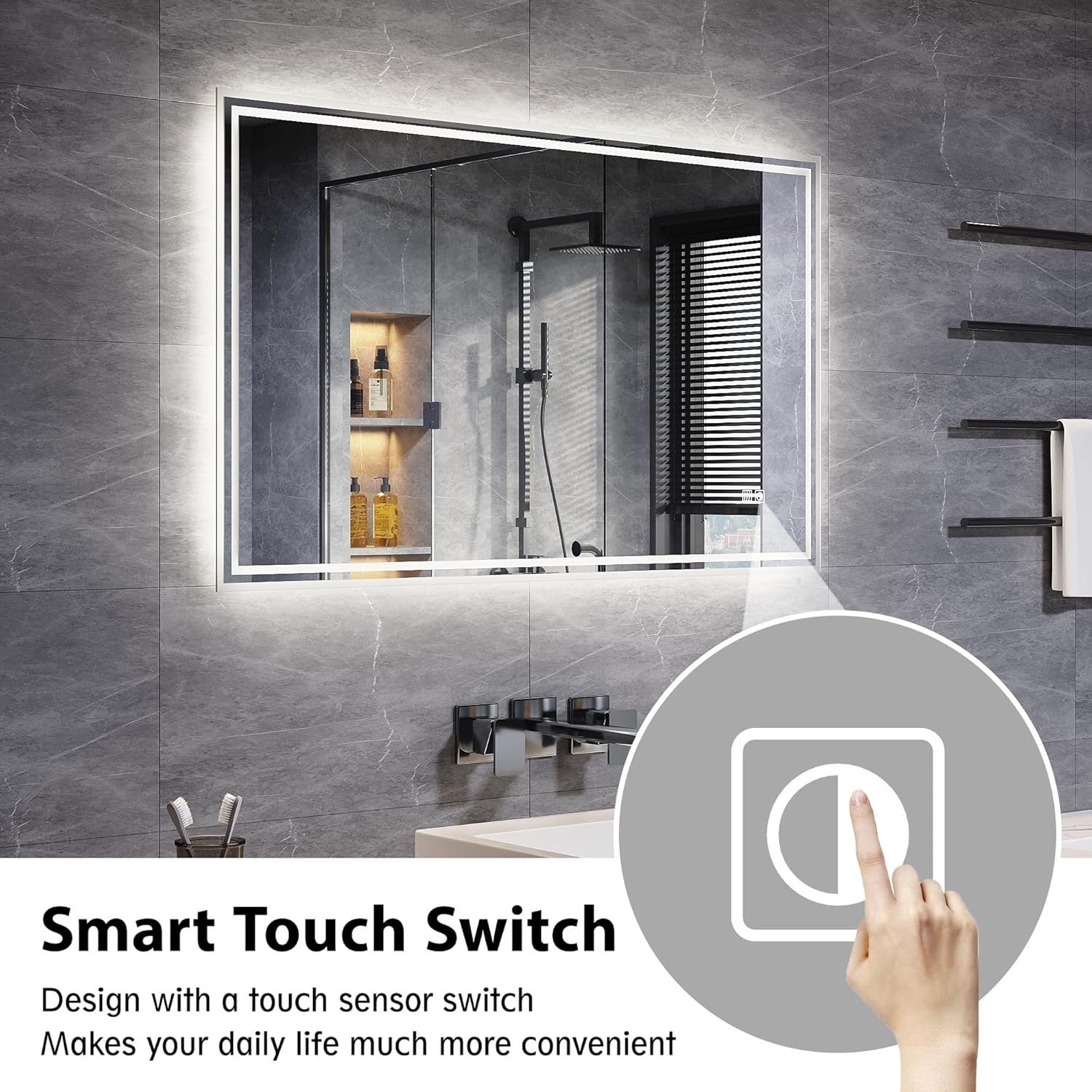 LED Bathroom Mirror 100x60cm with Demister, Dimmable Lights, Touch Sensor