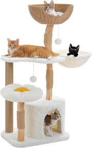Cat Tree Tower 120cm Solid Wood Rattan Basket Condo Modern Indoor Cats