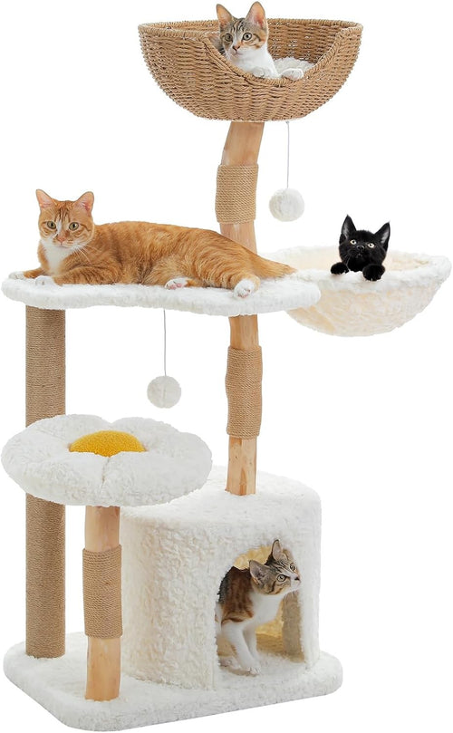 Cat Tree Tower 120cm Solid Wood Rattan Basket Condo Modern Indoor Cats