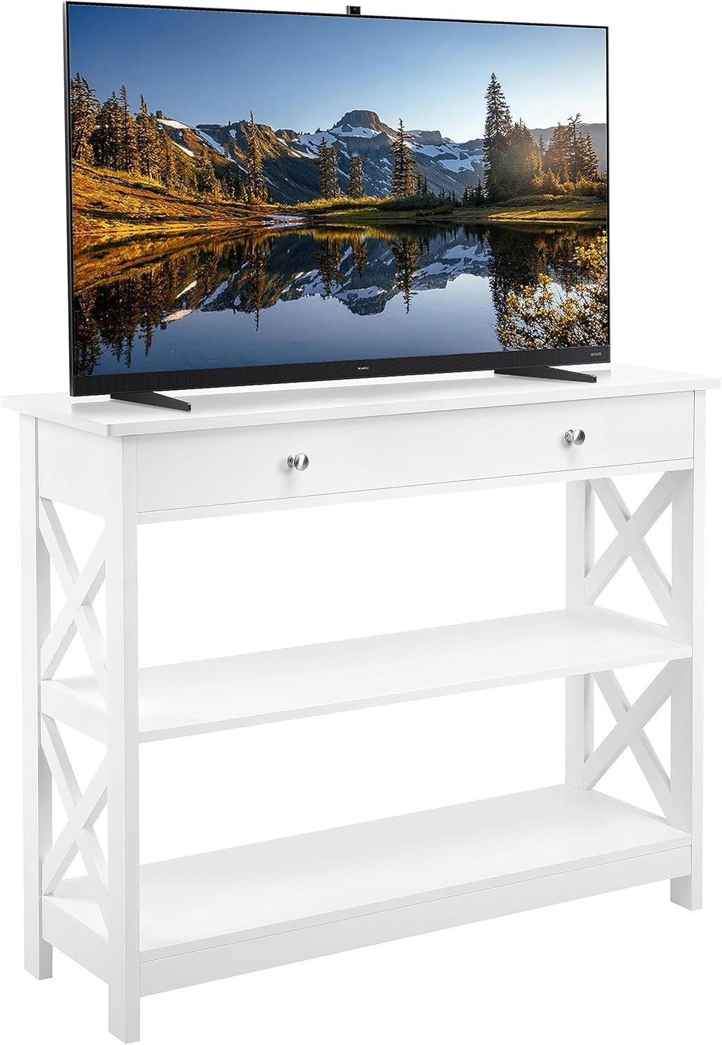3-Tier White Console Table with Drawer & Storage Shelf, 100x30x80cm, Sturdy