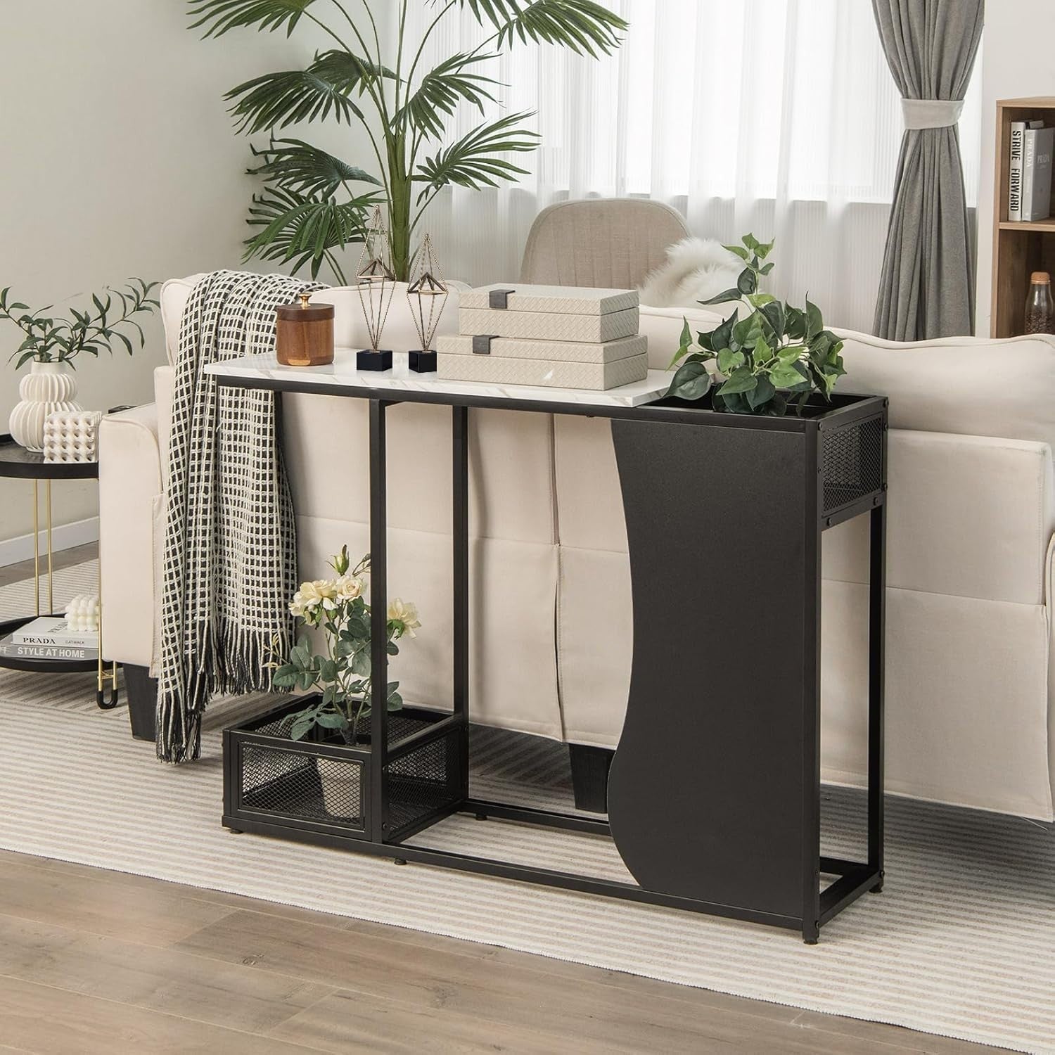 Modern Faux Marble Console Table with Storage Mesh Cubes, Slim Design