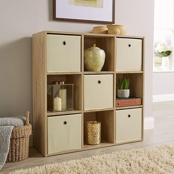 Modern 9-Cube Storage Shelf Unit Oak Effect | Freestanding Bookcase Organiser