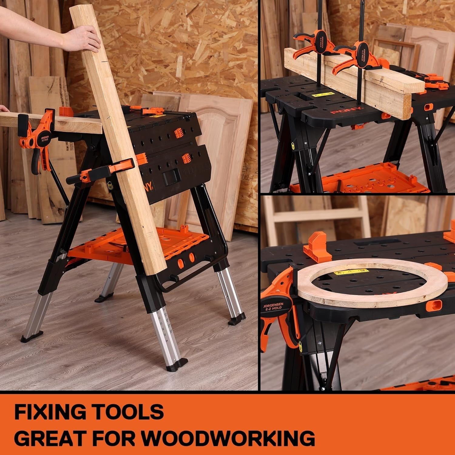 2-in-1 Folding Workbench & Sawhorse 454kg Load 6-Height Table with Clamps