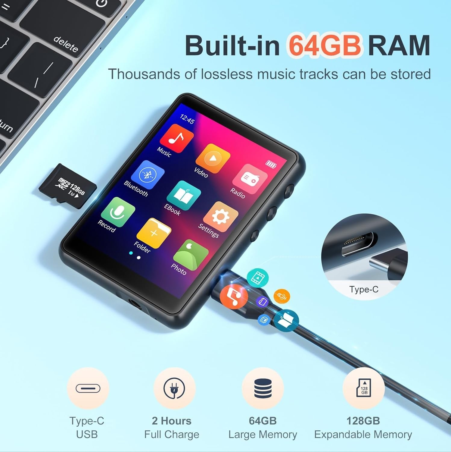 64GB MP3 Player Bluetooth 5.3 2.4" Touch Screen FM Speaker HiFi
