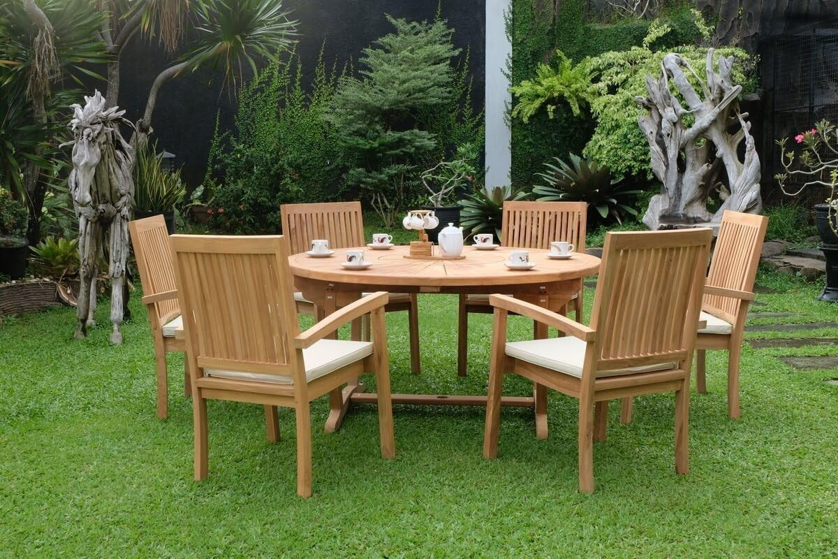 Teakwood Outdoor Garden Dining Set with Parasol & Cushions - 7 Piece Patio