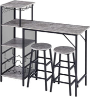 3Pcs Bar Table Set with Stools Wine Rack Cup Holder Grey Marble Dining Unit