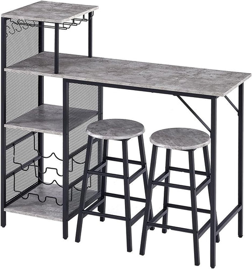 3Pcs Bar Table Set with Stools Wine Rack Cup Holder Grey Marble Dining Unit