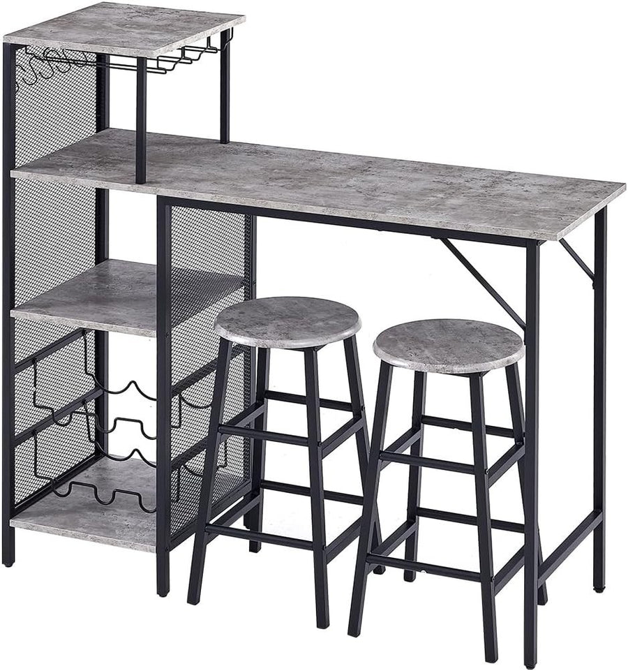 3Pcs Bar Table Set with Stools Wine Rack Cup Holder Grey Marble Dining Unit