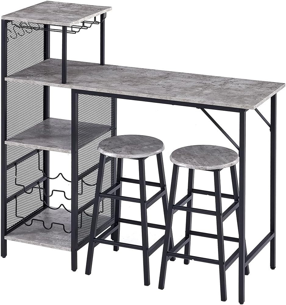 3Pcs Bar Table Set with Stools Wine Rack Cup Holder Grey Marble Dining Unit