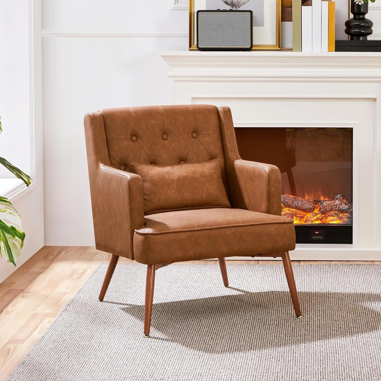 Brown PU Leather Accent Chair Lounge Tub Armchair with Cushion Retro