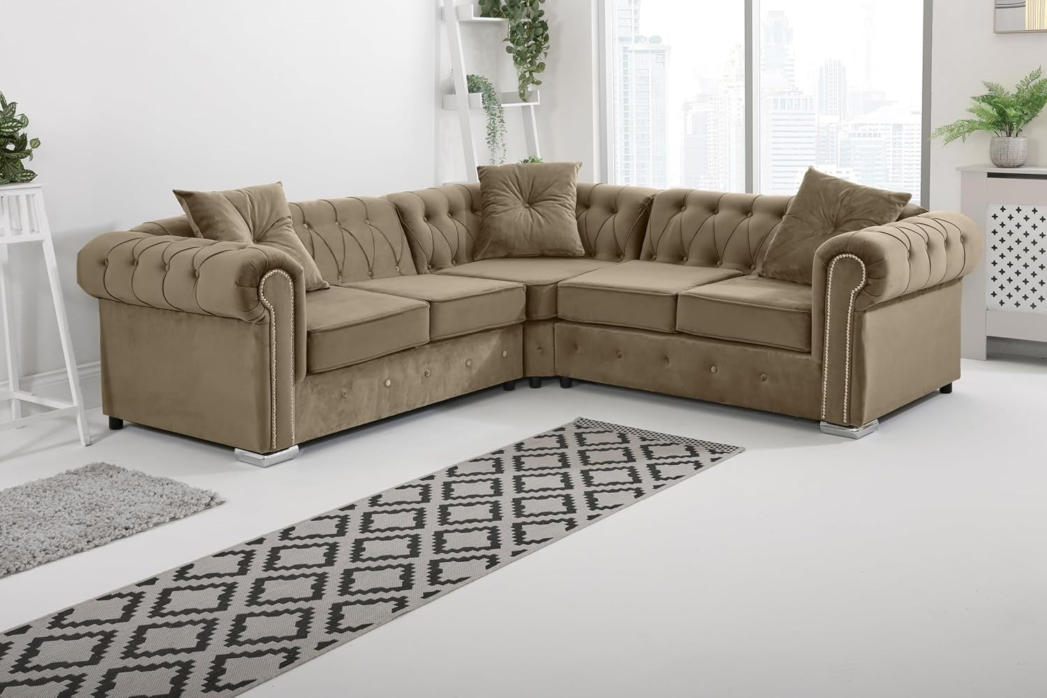 Mink Velvet Chesterfield Corner Sofa – Diamond Tufted, Foam Cushions.