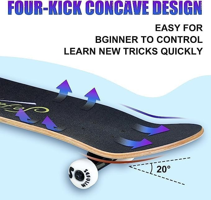 31" Complete Skateboard Maple Double Kick Trick Board Teens Adults Beginners
