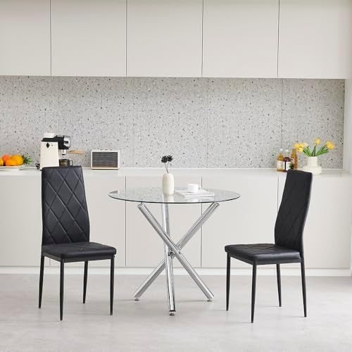 Modern 5-Piece Round Glass Dining Table Set with 2 Black Leather Chairs
