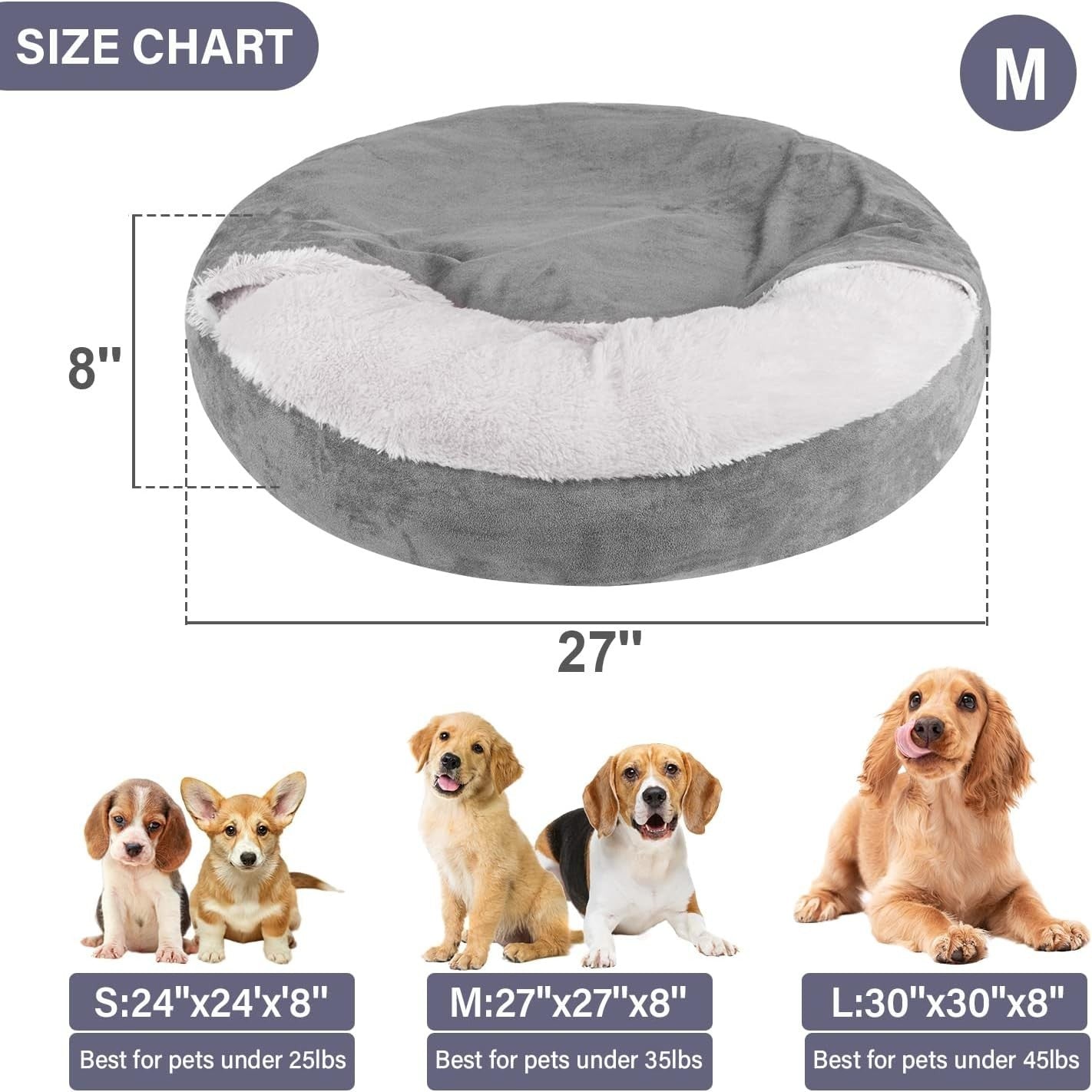 Medium Donut Dog Bed 70x70x20cm Hooded Faux Fur