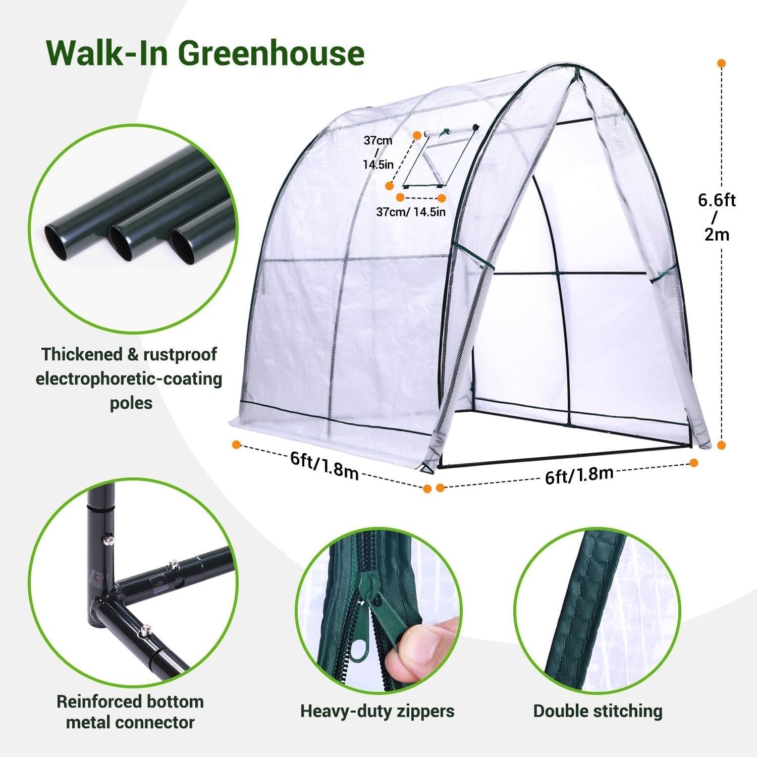 Portable Tunnel Greenhouse with Heavy Duty PE Cover & Mesh Windows 1.8x1.8x2m