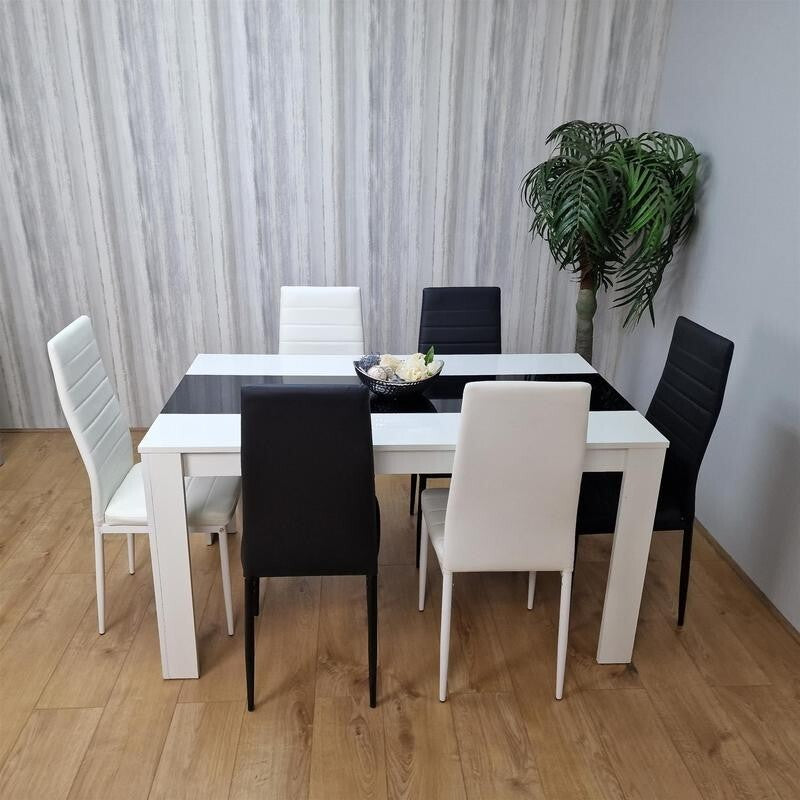 White Gloss Dining Table Set with 6 Faux Leather Chairs Modern Kitchen
