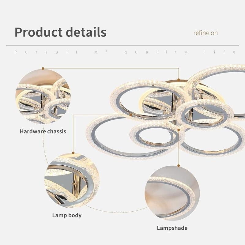 Modern LED 6 Ring Ceiling Light Chrome 76W Dimmable Flush Mount Remote