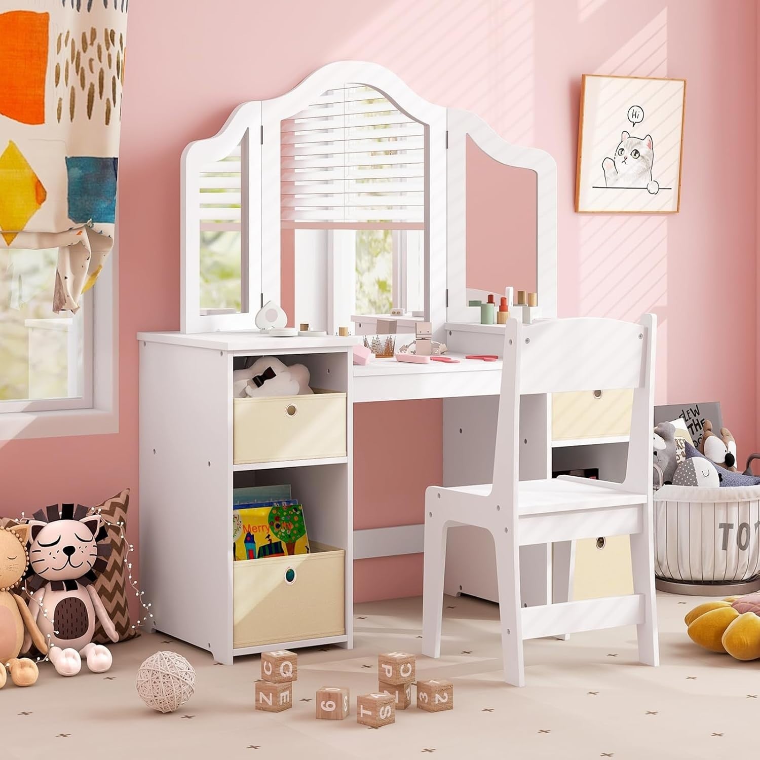 Kids Vanity Table with Tri-Fold Mirror & Storage Bins, White Wooden Set