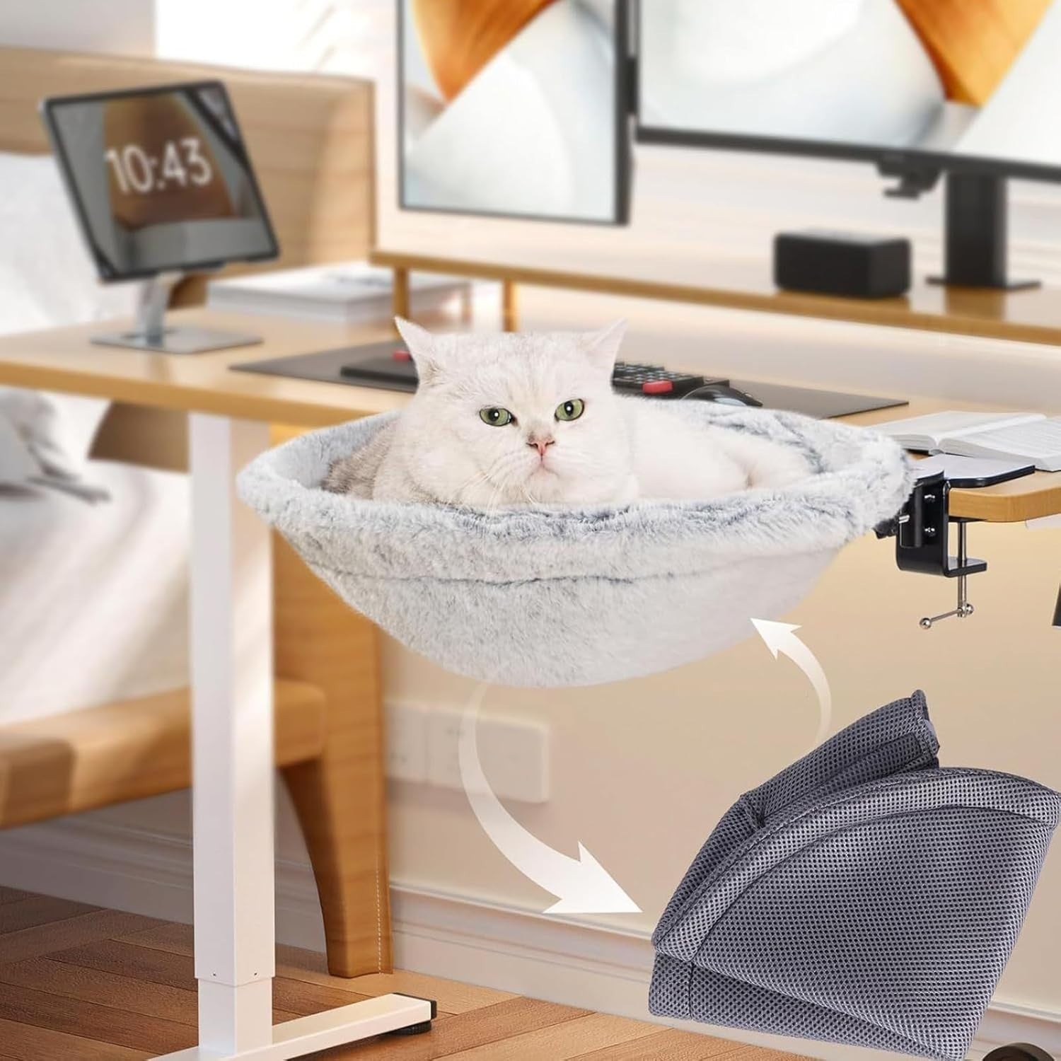 Foldable Cat Desk Hammock 180° Rotating Perch Bed Gray 50lbs
