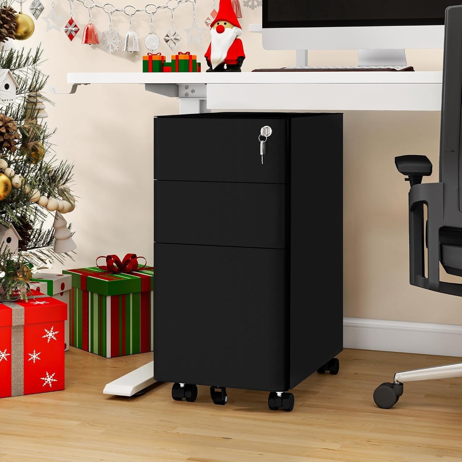Lockable Metal Mobile Filing Cabinet 3 Drawer A4 Letter Under Desk